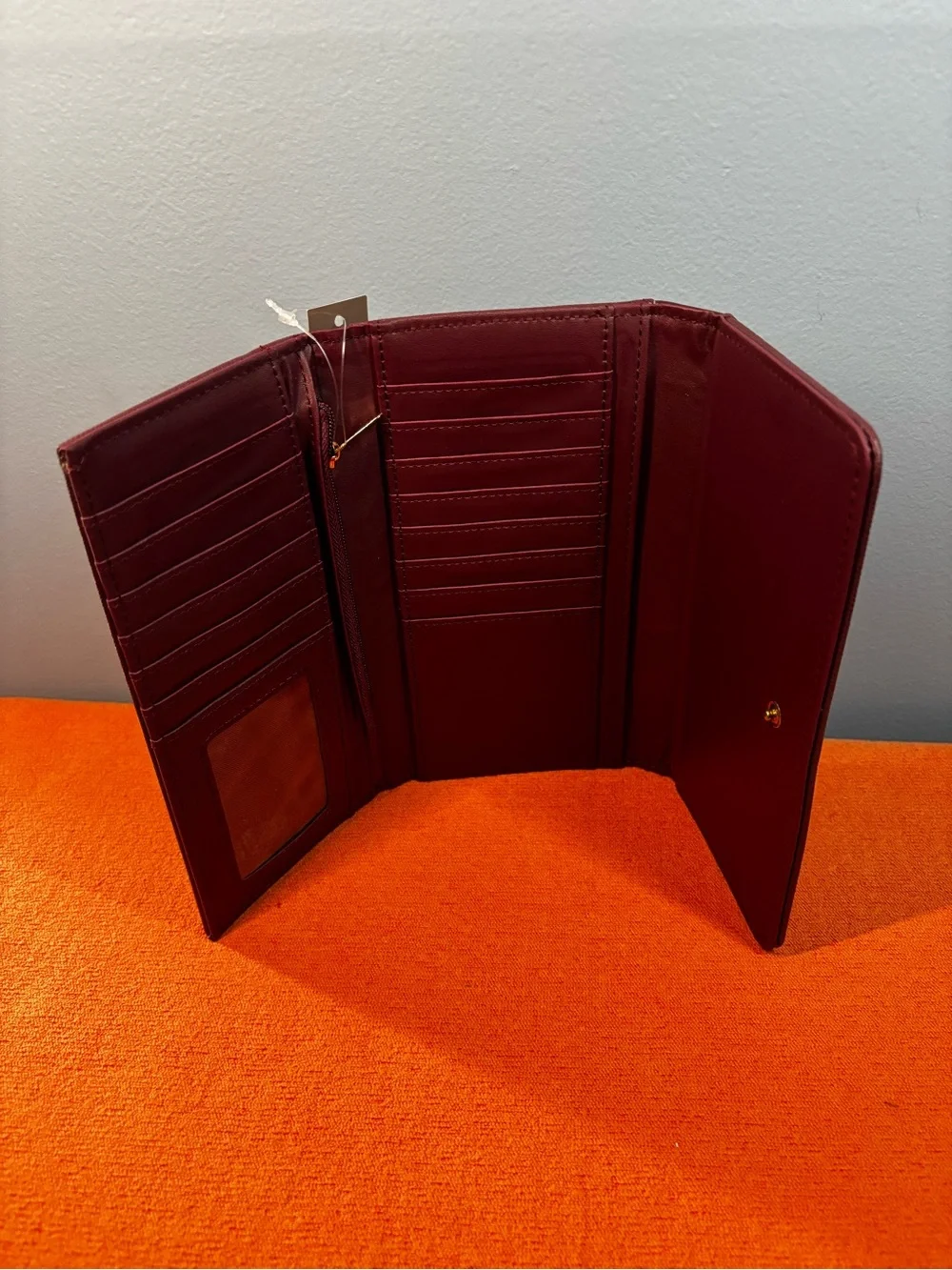 Joan Vass V-Logo Burgundy Leather Continental Wallet